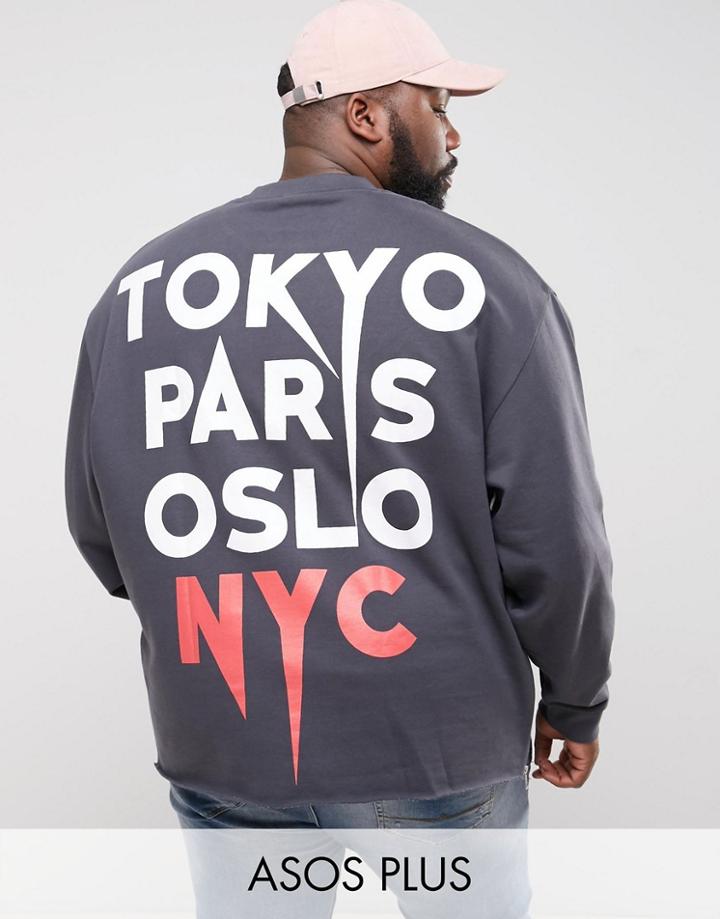 Asos Plus Oversized Sweatshirt With Back Print & Side Zips - Black