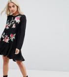 Asos Petite Embroidered Mini Drop Waist Dress - Black