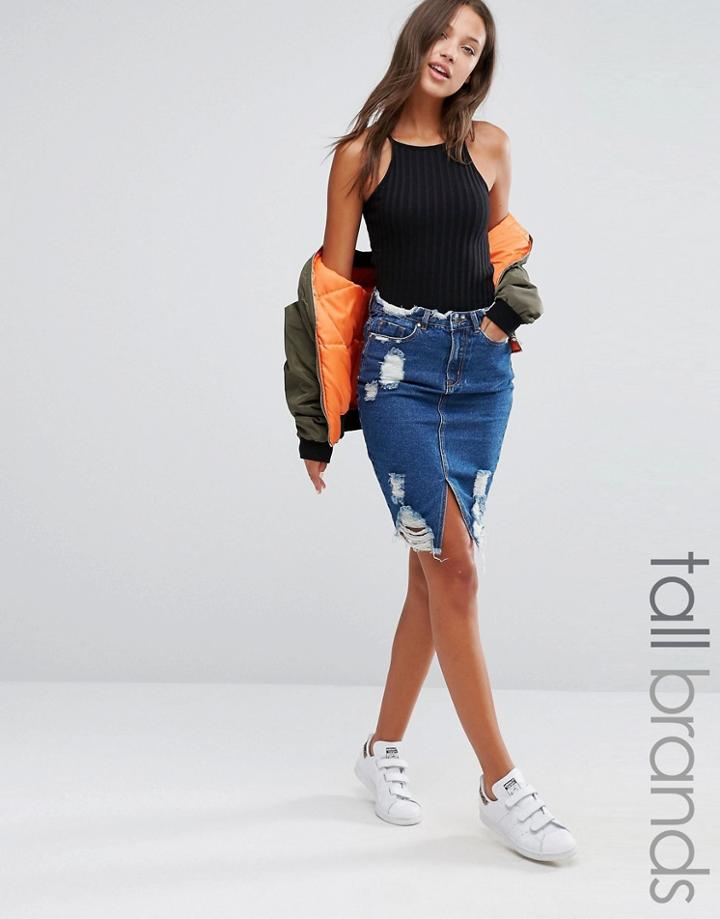 Missguided Tall Destroyed Hem Denim Skirt - Blue