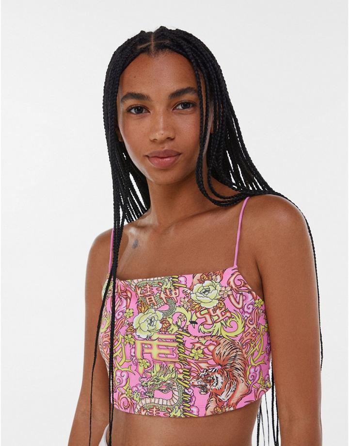Bershka Open Back Printed Stappy Cami In Pink