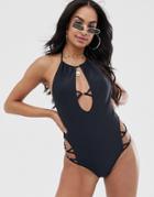 South Beach Plunge Front High Neck Swimsuit With Strapping Detail - Black