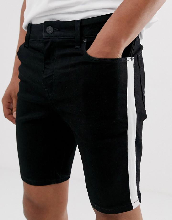 Asos Design Super Skinny Denim Shorts With Power Stretch In Black With Side Stripe - Black