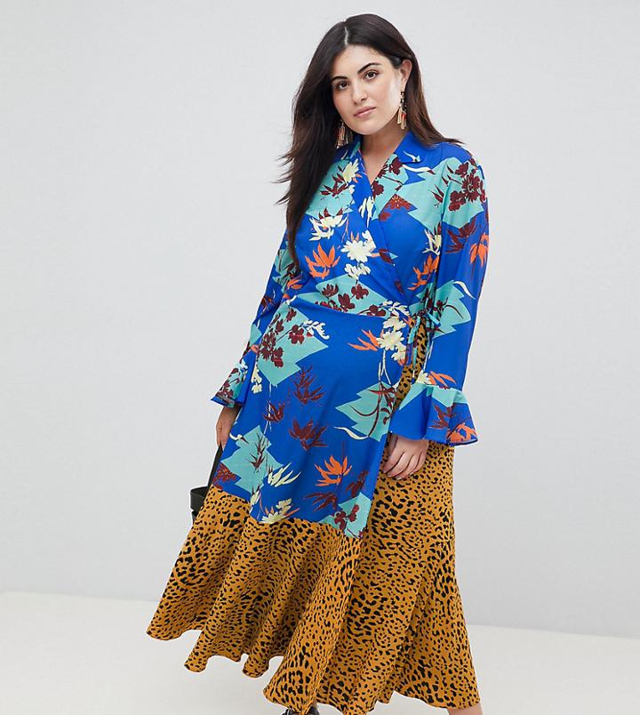Asos Design Curve Mix Print Wrap Maxi Dress With Fluted Sleeve - Multi