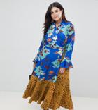 Asos Design Curve Mix Print Wrap Maxi Dress With Fluted Sleeve - Multi