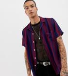 Heart & Dagger Striped Revere Shirt In Navy And Burgundy With Short Sleeves - Navy