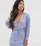 Asos Design Petite Mini Dress With Batwing Sleeve And Wrap Waist In Scatter Sequin-blue