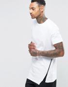 Asos Super Longline T-shirt With Asymmetric Hem With Zip Detail - White