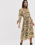 Neon Rose Maxi Tea Dress With Button Front In Jungle Print-pink