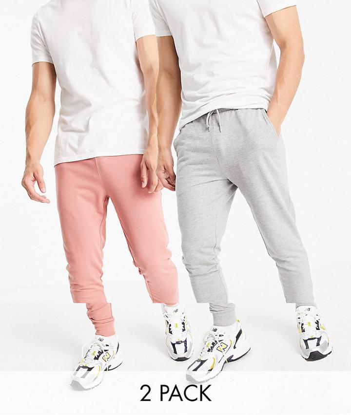 Asos Design Organic Lightweight Skinny Sweatpants 2 Pack In Pink And Gray Heather-multi