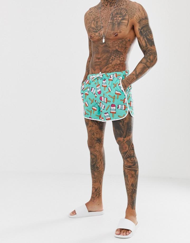 Asos Design Runner Swim Shorts With Ice Cream Print - Multi