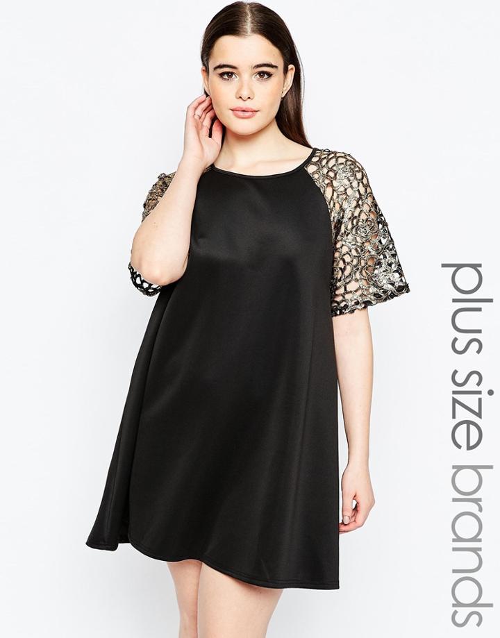 Club L Plus Swing Dress With Crochet Sleeves - Black