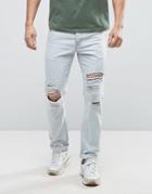 Asos Slim Jeans With Mega Rips In Bleach Wash Blue - Blue