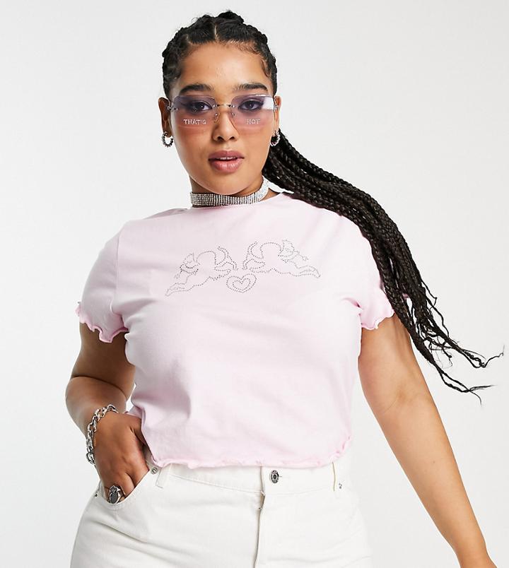 Asos Design Curve Shrunken Tee With Cherub Iron-on Graphic In Pink