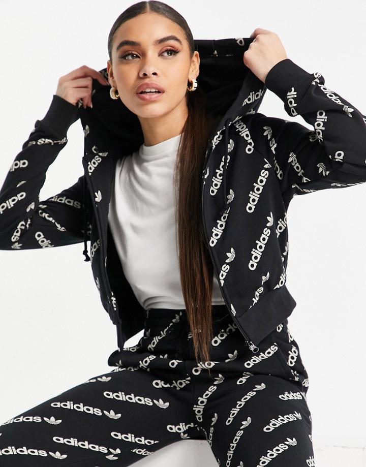 Adidas Originals 'logomania' Repeat Logo Zip Hoodie In Black