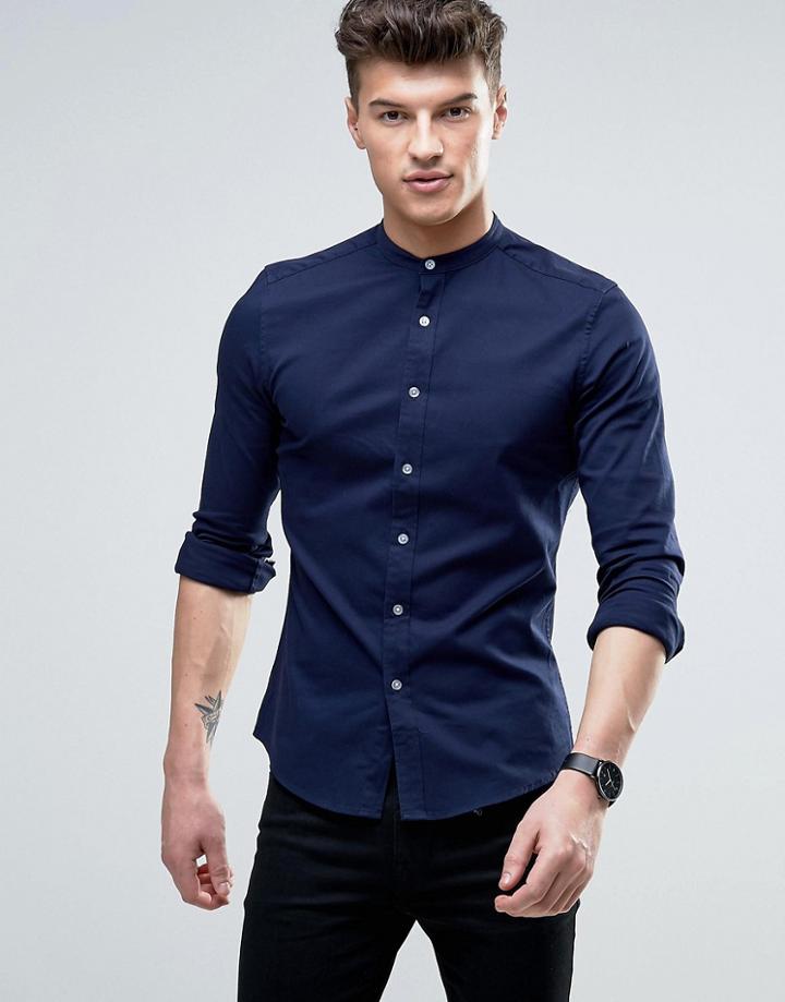 Asos Skinny Twill Shirt With Grandad Collar In Navy - Navy