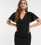 Asos Design Petite Angel Sleeve V Neck Mini Shift Dress In Black