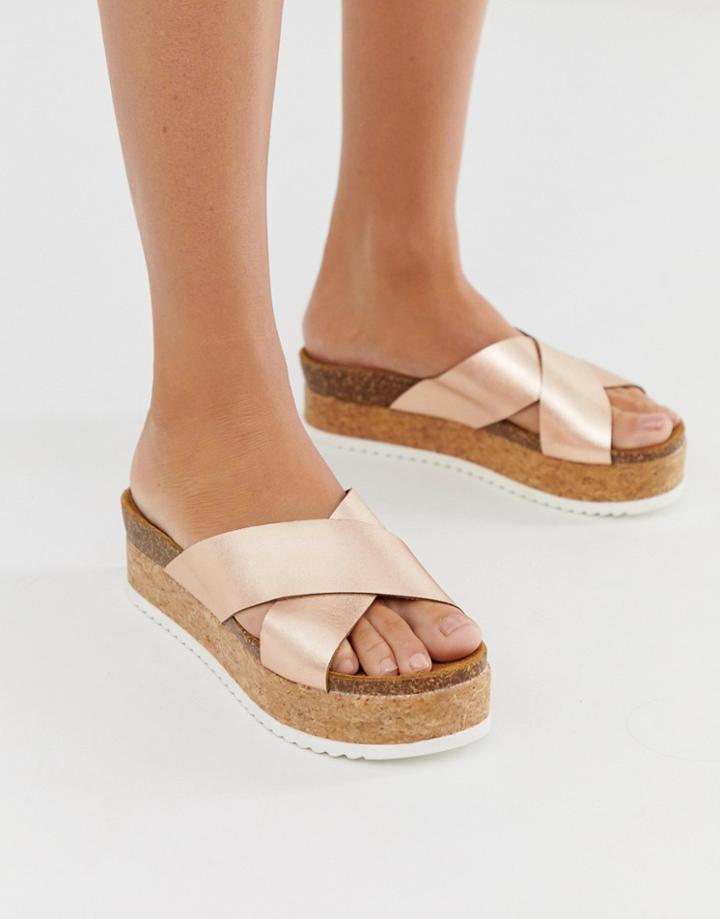 Asos Design Transaction Leather Flatforms In Rose Gold - Gold