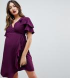 Asos Maternity Mini Wrap Dress With Ruffle Sleeve - Purple