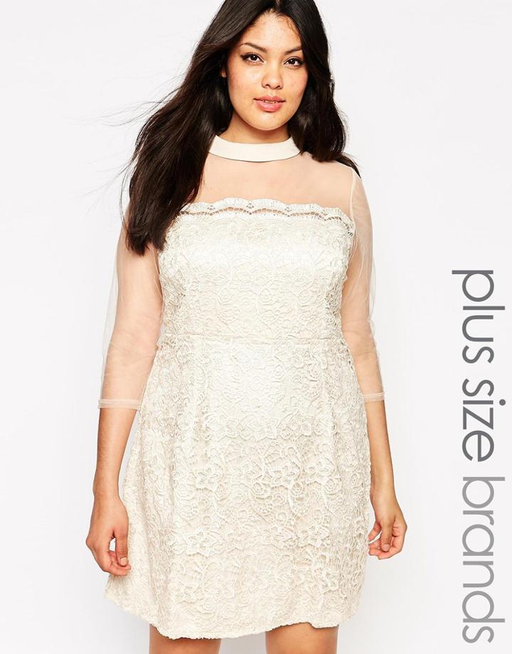 Little Mistress Plus Shift Dress With Sheer Sleeves - Beige