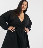 Asos Design Curve Wrap Front Long Sleeve Smock Dress In Black