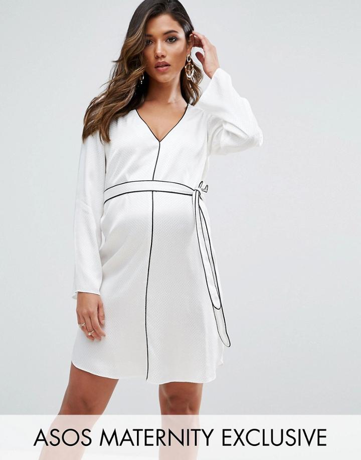 Asos Maternity Satin Piped Belted Shirt Dress - White