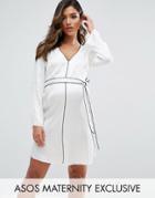 Asos Maternity Satin Piped Belted Shirt Dress - White