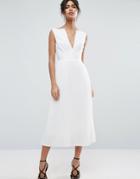 Asos Deep V Pleated Midi Dress - White