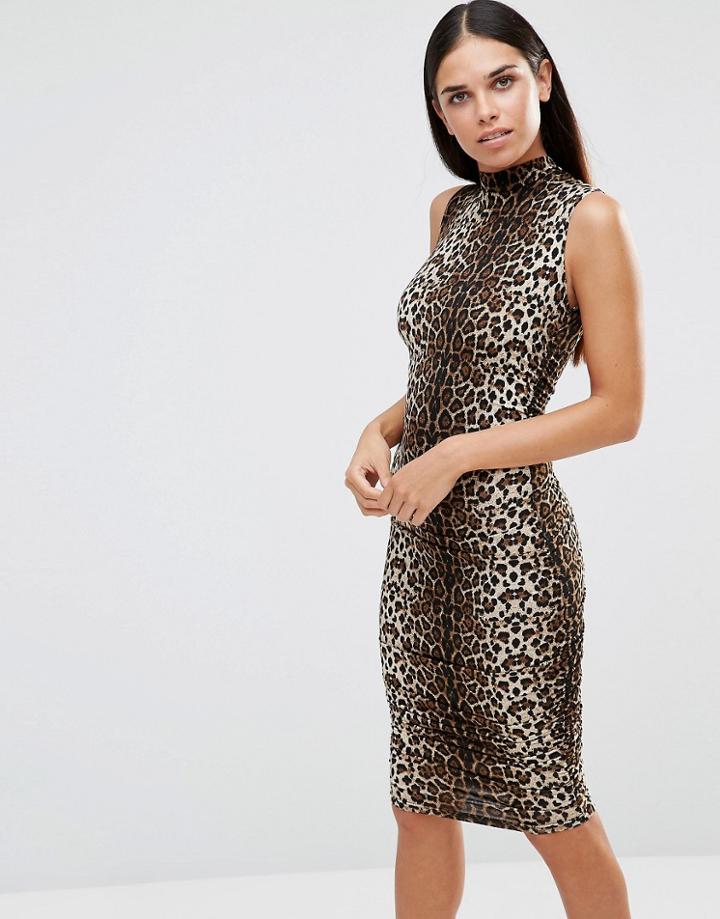 Ax Paris High Meck Midi Dress In Leopard - Multi