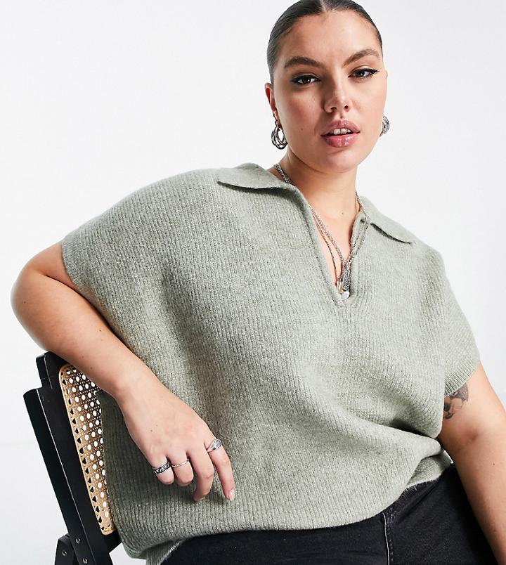 Only Curve Knit Polo Sweater Vest In Beige-green