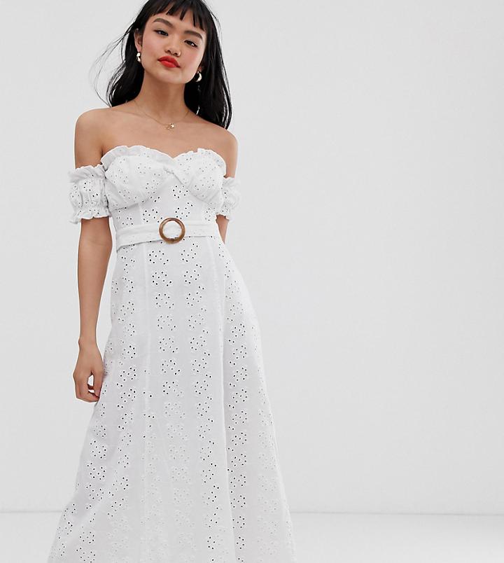 Asos Design Petite Bardot Maxi Broderie Sundress With Tortoiseshell Belt-white