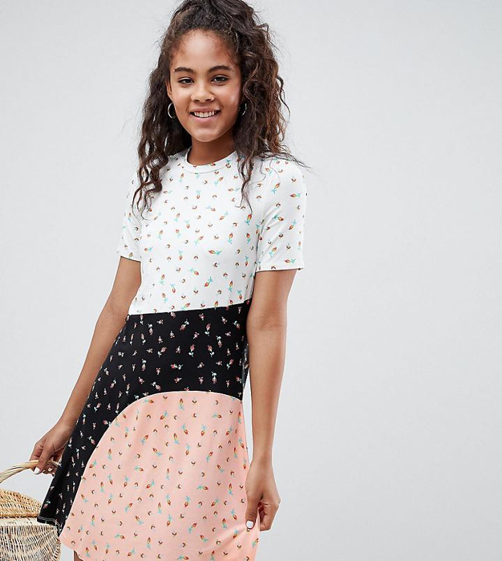 Asos Design Tall T-shirt Dress In Color Block Ditsy Print - Multi