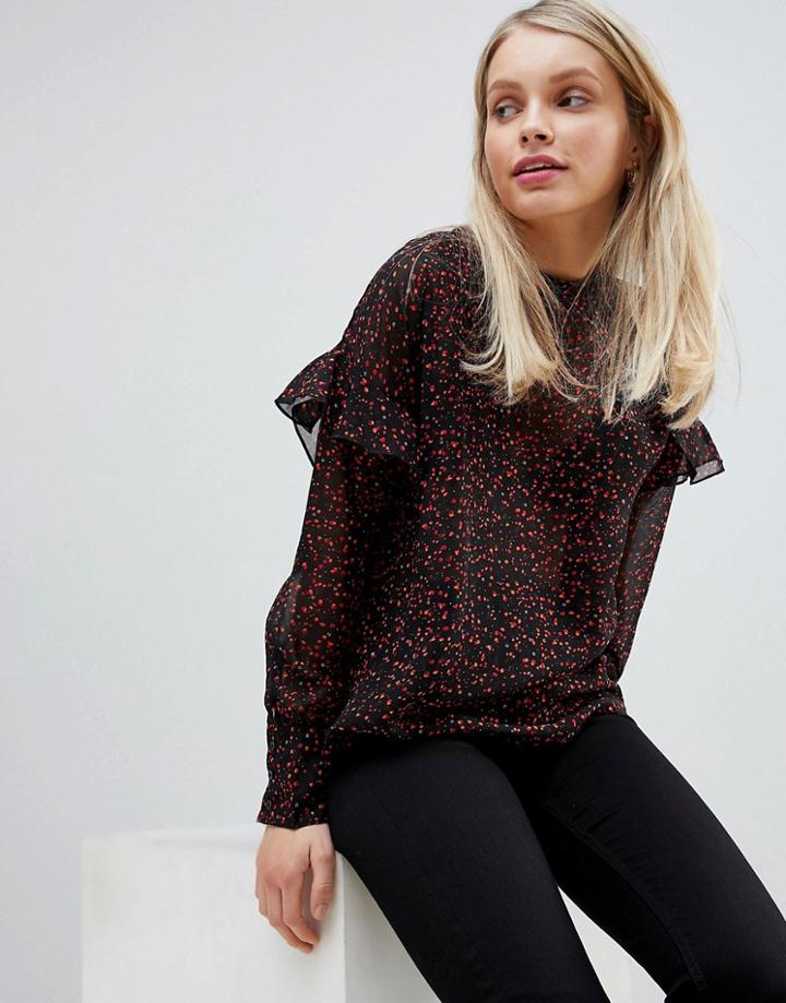 Jdy Tina Ditsy Floral Print Ruffle Blouse - Black