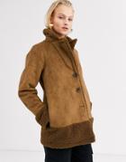 Only Shearling Jacket With Borg Trims In Brown-beige