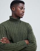 Asos Design Cable Knit Roll Neck Sweater In Khaki - Green