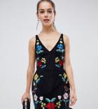 Asos Design Petite Mini Dress In Cord With Floral Embroidery - Black
