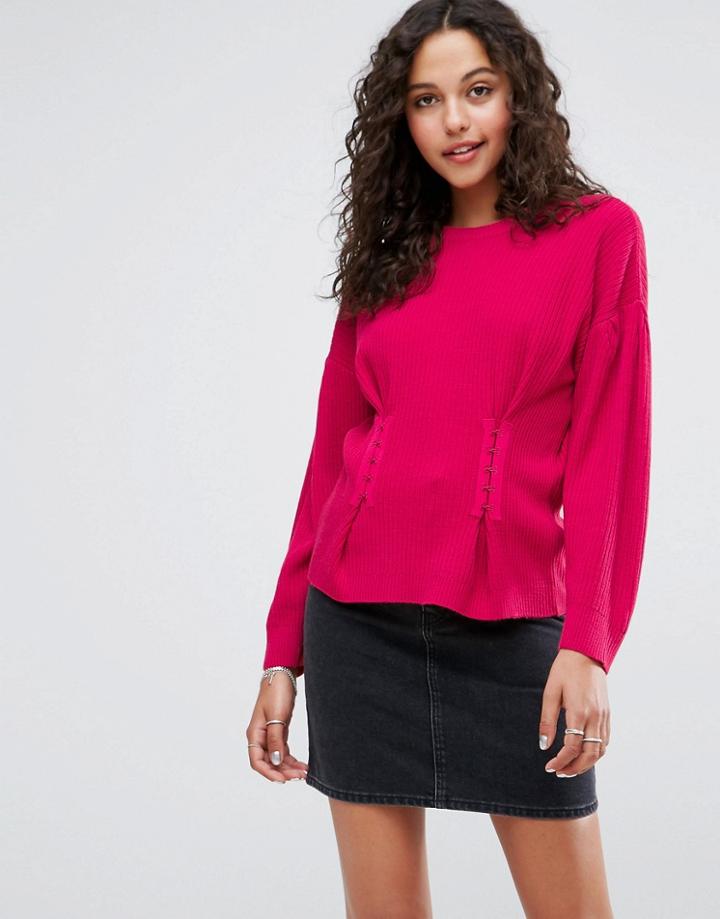Asos Sweater In Rib With Corset Front Detail - Pink