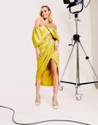 Asos Edition Satin Drape Slit Midi Skirt In Mustard-yellow