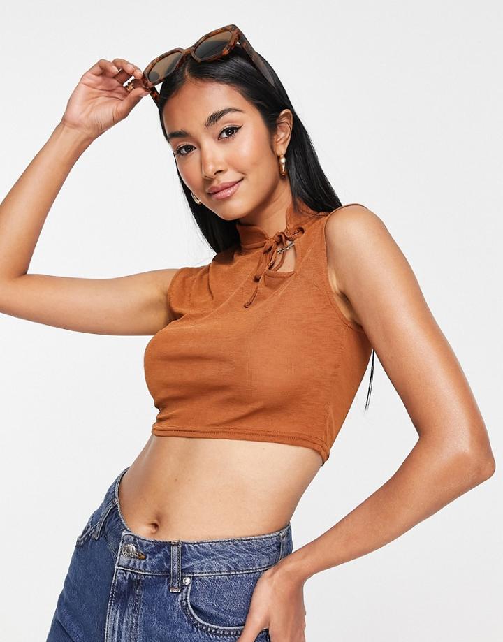 Asos Design Cut Out Top In Slinky Mesh In Rust-brown