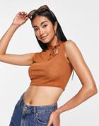 Asos Design Cut Out Top In Slinky Mesh In Rust-brown