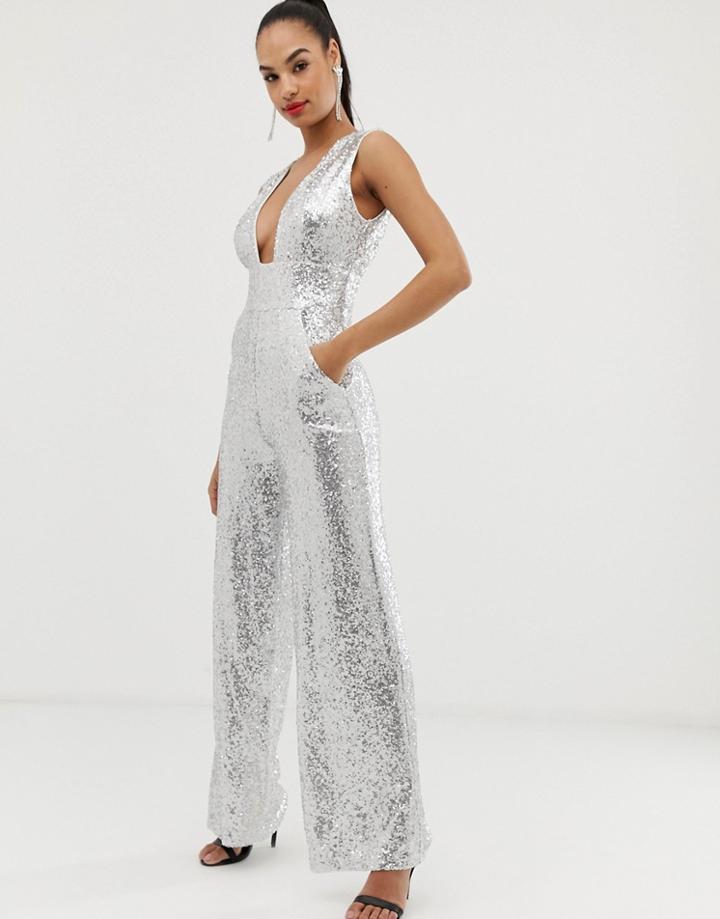 Club L Sequin Plunge Neck Detail Jumpsuit-silver