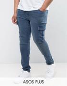 Asos Plus Super Skinny Jeans With Cargo Details In Smokey Blue - Blue