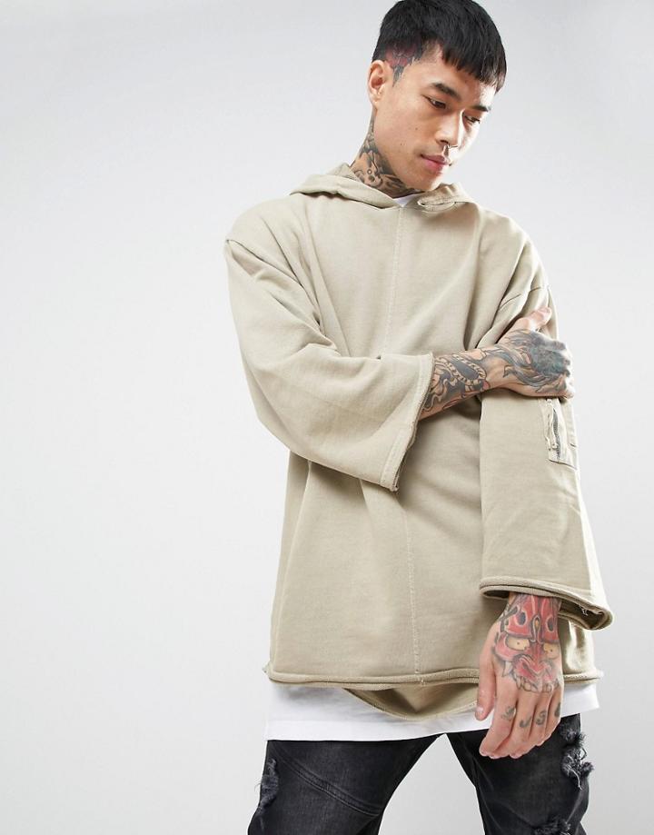 Asos Oversized Hoodie With Raw Edges & Sleeve Pocket In Wash - Beige