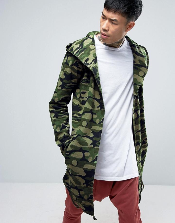 Sixth June Distressed Drape Hoodie In Camo - Green