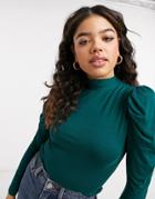 Topshop Puff Sleeve Funnel Neck Top In Teal Green