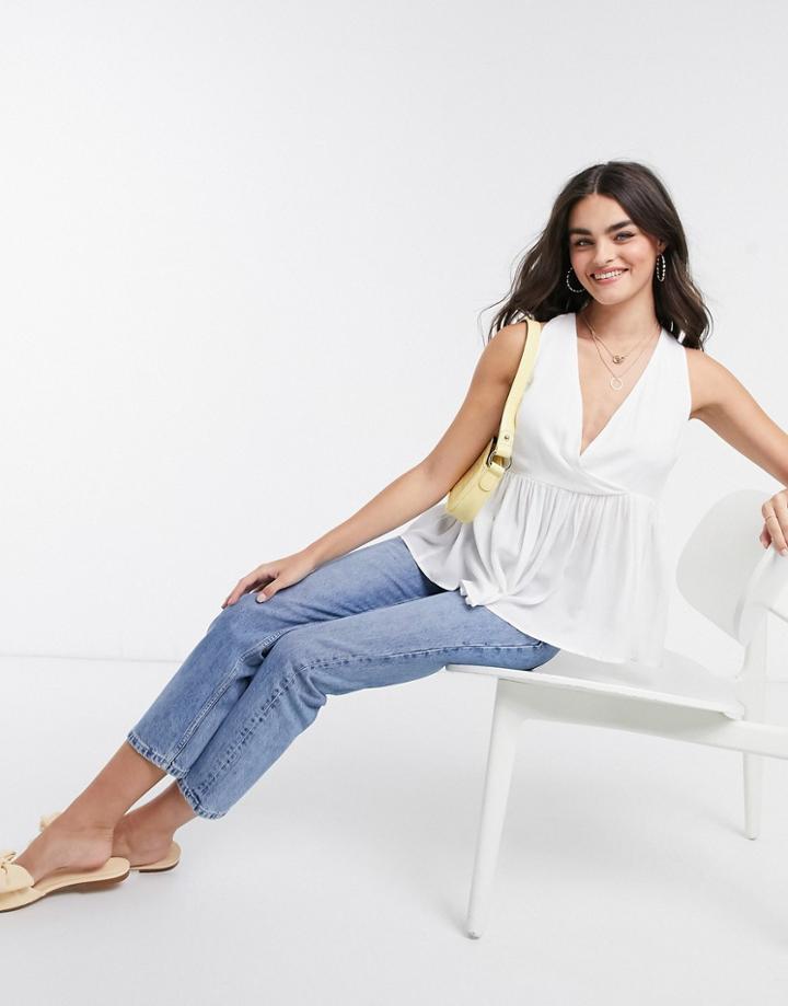 Asos Design V Neck Smock Cami In Crinkle In White