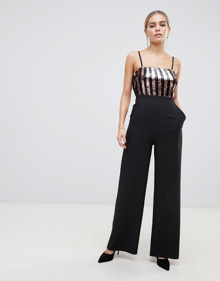 Outrageous Fortune Sequin Cami Strap Wide Leg Jumpsuit In Multi Stripe - Black