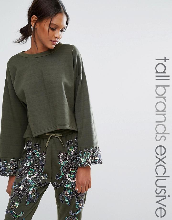 Starry Eyed Tall Dipped Sweatshirt With Beaded Cuff Detail - Green