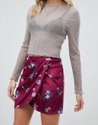 Asos Design Floral Printed Wrap Velvet Mini Skirt-multi