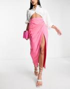 Asos Design Cotton Midi Skirt With Side Ruched Split In Hot Pink