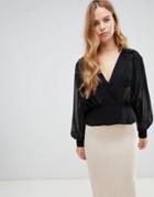 Asos Design Sheer Waisted Blouse With Collar Detail - Black